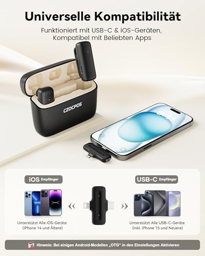 CZOCPOS Kabelloses Lavalier Mikrofon Wireless für iPhone/iPad/Android mit Ladebox, Geräuschunterdrückung, 36 Stunden Akkulaufzeit, Mini Mikrofon für iPhone für Video/YouTube/Vlogs