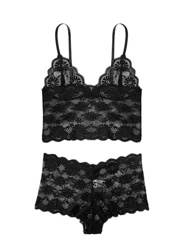 Image of Lilosy Sexy Sheer Floral Lace Pajamas Lingerie Set High Waist Sleepwear Bra and Panty 2 Piece Nightwear