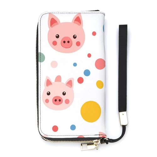 Colorful Polka Dot Pigs Women's Leather Clutch Wallet with Zip Card Holder Hand Strap Large Capacity