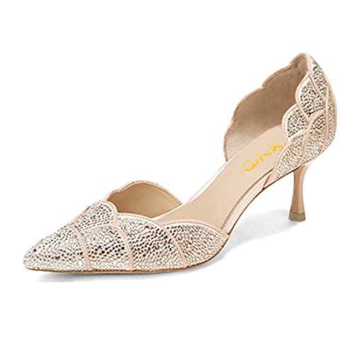Image of XYD Women's Pumps, Elegant Pointed Toe, D'Orsay Kitten Low Heels, Rhinestone Studs, Slip-On Satin Shoes for Wedding