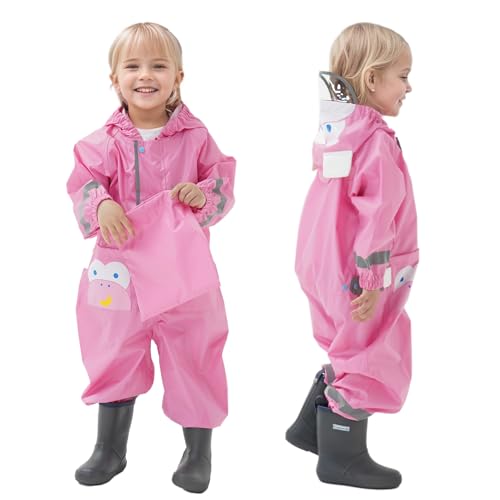 Dioshark Impermeable Niños Niñas Chubasquero con Capucha Rosa Chaqueta Impermeable y Pantalones Traje de Lluvia Transpirable Ligero Portátil Deporte Abrigos con Reflectante y Bolsillo para 7-9 años