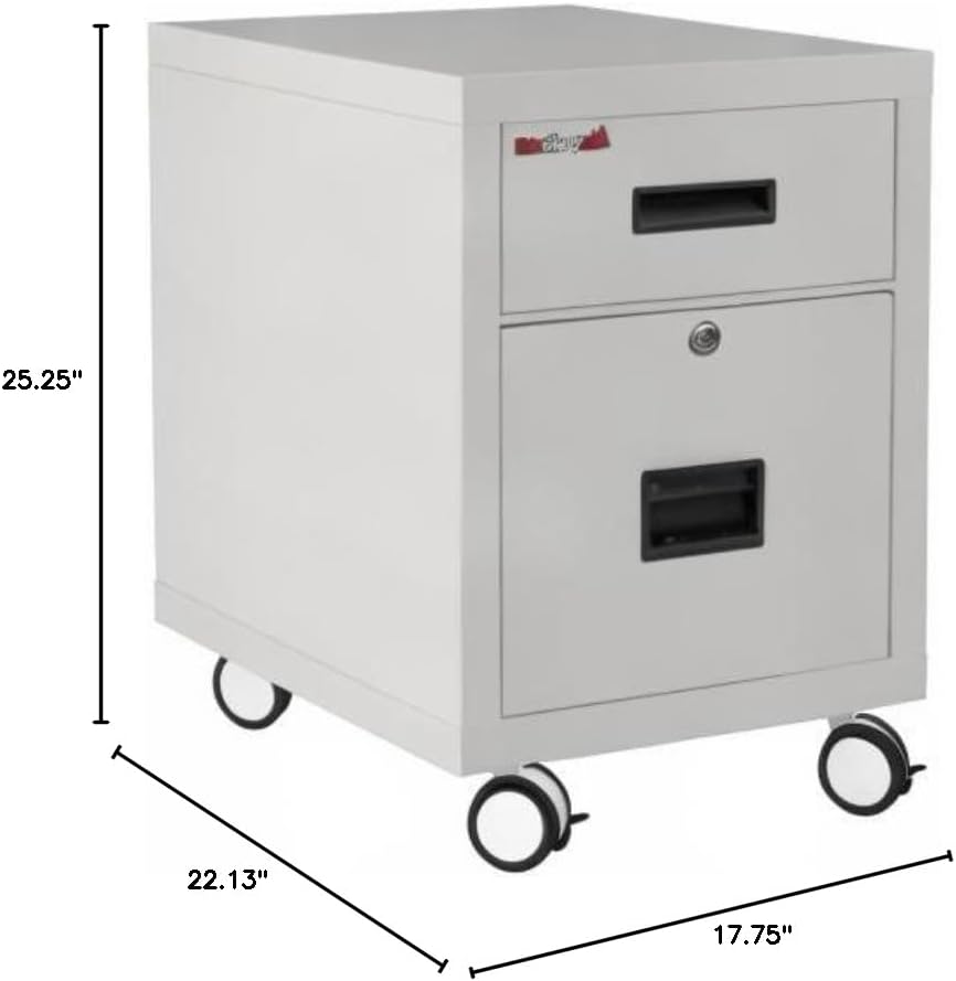 FireKing Mobile Vertical 2 Drawer Fire Safe File Cabinet on Casters with Key Lock, 1 Hour Fire Rated Filing Cabinet, Made in The USA, Platinum