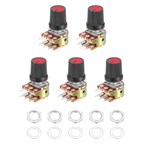 Image of sourcing map 5Set WH148 B10K Ohm Potentiometer Kit, 6-Pin Split Shaft Rotary Linear Dual Taper Rotary Audio Potentiometer with Knob Nut Washer for Audio Volume Control, 15mm Shaft, Black/Red
