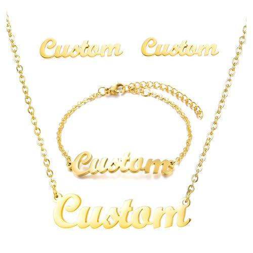 Conjuntos de Joyería con Nombre Personalizado, LucBuy Collar Pulsera Aretes Chapados en Oro de 18 Quilates, Joyería con Letras Personalizadas con Cualquier Palabra, Regalos Únicos (Oro)