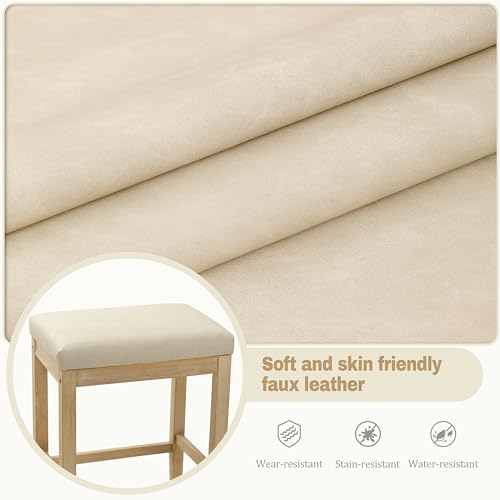 Image of RNKSFX Counter Height Bar Stools Set of 3 for Kitchen Counter Farmhouse Modern Backless Barstools with Faux Leather Upholstered Seat and Solid Wood Legs 24 inch Bar Chairs, Khaki + Wood Color