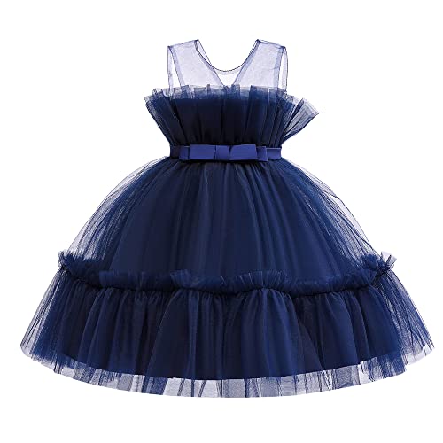 Flutter Sleeve Baby Girl Baptism Christening Ball Gown Dresses Toddler Wedding Bridesmaid Christmas Lace Tutu Formal Dress 7T 8T Navy Blue 140