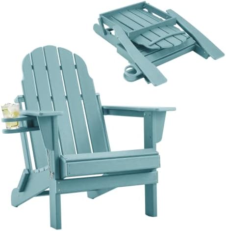 BUPPLEE Folding Adirondack Chair - Durable HDPE Poly Lumber All-Weather Resistant w/Cup Holder, Oversized Balcony Porch Patio Outdoor Chair for Lawn, Backyard, Deck, Garden, Easy to Install, Aruba