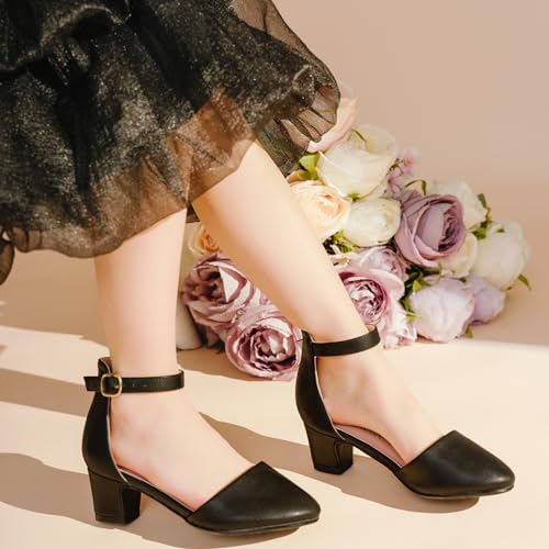 Image of LAURMOSA Girls Dress Shoes Closed Toe Pumps High Heels for Little Big Kid | Flower Shoes for Girls, 1.75-inch Chunky Heel, Ankle Strap, Closed Toe, Wedding, Party, Church, Graduation, First Communion