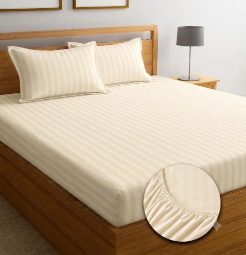 Image of Satin Striped Glace Cottonelastic Fitted bedsheets Double Bed with 2 Pillow Cover| 72 x 78 Inch | Fits Up to 10 Inch | Soft & Smooth Hotel Collection | Breathable, Fade Resistant