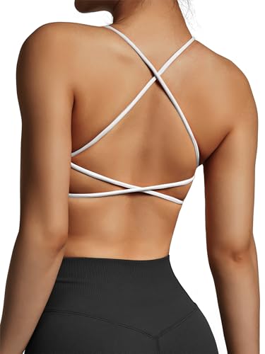 SUUKSESS Women Open Back Padded Sports Bra Strappy Workout Gym Yoga Crops White