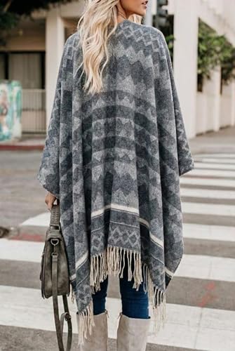 Image of Bestshe Women's Boho Open Front Poncho Plaid Shawl Wrap Cape | Tassel Cardigan Sweater, Cozy Layering, Fall Winter Clothes for Women