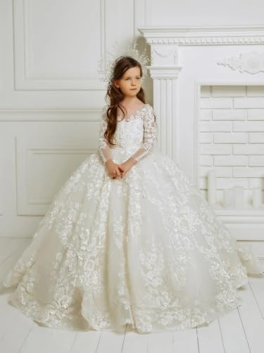 Custom Flower Girl Dresses Rose Flowers Appliques Embroidery with Trailing Long Sleeve for Wedding Birthday Party Holy Communion Banquet Princess Gown2
