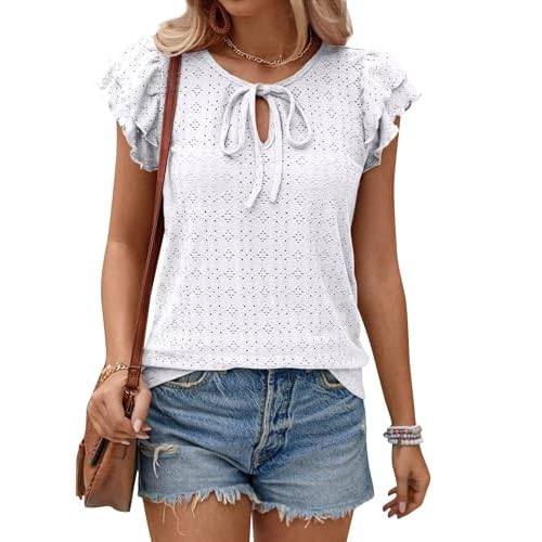 Women's Double Layered Ruffle Sleeve Top with Tie Front, 2024 Summer Going Out T-Shirt Small White