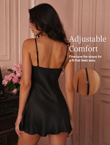 Image of Girece Sexy Night Gowns for Woman Silk Nightgown Lace Trim Sleep Dress Babydoll Lingerie Satin Nighty Negligee