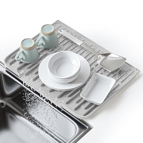 BLIYEE Silicone Dish Drying Mat for Kitchen Counter – Non-Slip Drain Pad with Built-in Sloped Drain, Heat Resistant Drying Pad 15.7