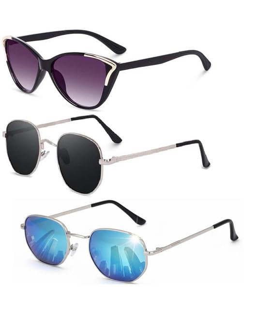 Y&S Unisex Goggle Combo| Combo Offer Pack of Branded Latest Stylish| Black Cateye Black Pathan Blue Hexagonal for Men and Women with Box|3-1271