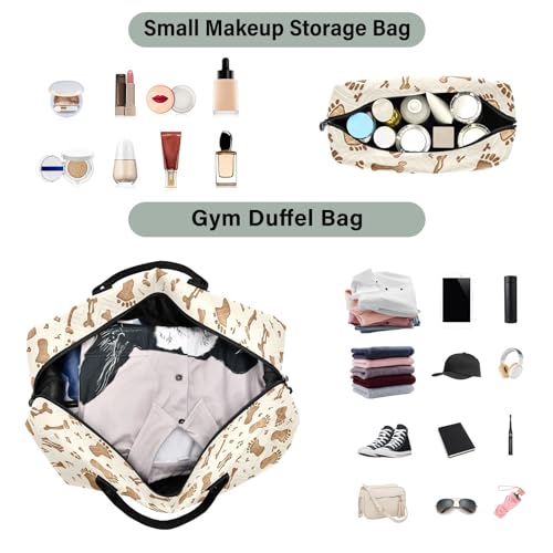 Weekender Bags Travel Duffel Gym Bag Brown Footprints Bones Carry on Overnight Tote Bag with Toiletry Bag for Airplane Travel Trip Gym Yoga4