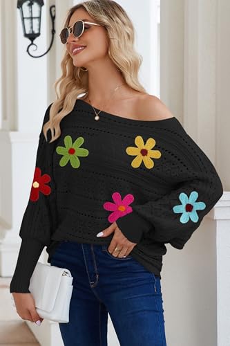 Image of Cakulo Womens Off The Shoulder Sweater Top Fall 2024 Oversized Knit Batwing Long Sleeve Crochet Sweaters Flower Black S