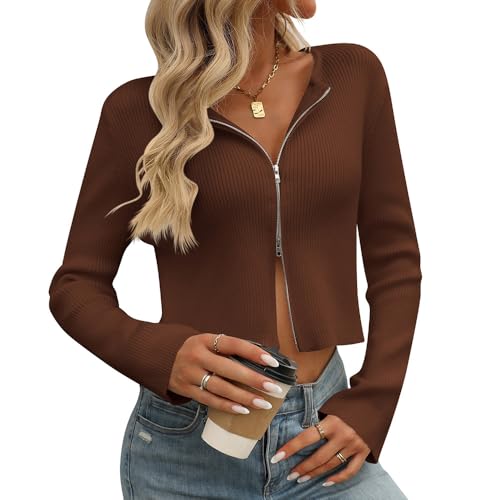 Image of Sumleno Women Y2k Zip Up Cropped Cardigan Sweater Long Sleeve Solid Color Slim Fit Ribbed Knit Tops Trendy Fall Clothes