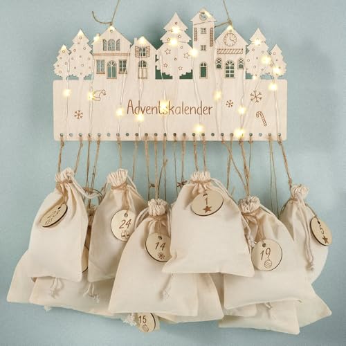 I LOVE MOM Adventskalender zum Befüllen – 24 Baumwollbeutel & Holz Zahlenanhänger – Wiederverwendbarer Adventskalender zum Selber Befüllen, DIY Weihnachtsdeko