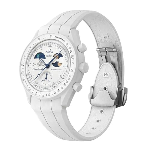 REBANDACE Strap for Omega x Swatch MoonSwatch Watch 20mm,Folding Buckle Lunar Soil Texture Band Compatible Omega Swatch Moonswatch Speedmaster,Curved No Gap Replacement Strap for Men Women (White)