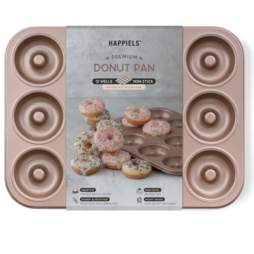 HAPPIELS 12 Well Donut Pan Nonstick, Non Toxic PFOA & BPA Free Donuts Mold for Baking, Doughnut Tin for Oven, Doughnuts Pans and Molds Non Stick Nontoxic, Baking Tray Pans & Trays without Teflon