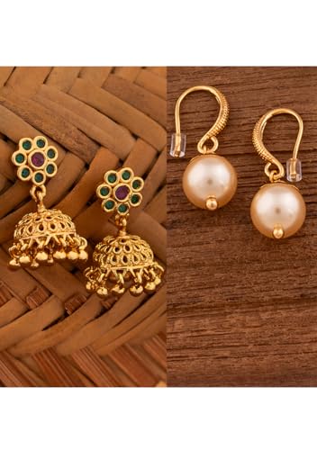 Image of Radha's Creations brass Ruby Emerald stud earrings one gram gold for women and girls one gram gold