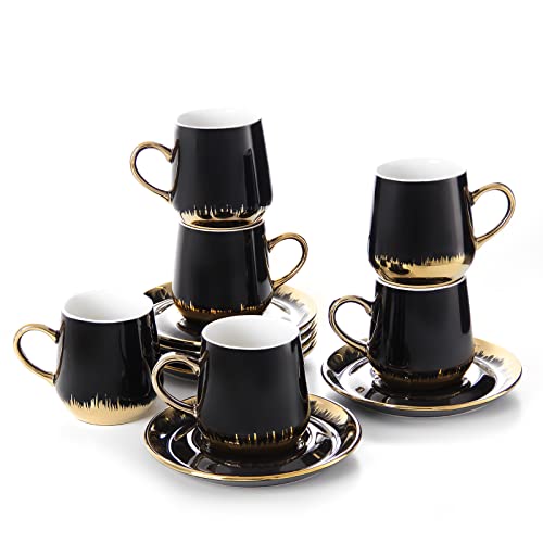 LB Cappuccino Tassen Set [6 x 200ml] Espressotassen Set mit untertasse Porzellan Kaffeetassen mit untertasse Cappuccino kaffeetassen Schwarz Espressotassen(LB114PBB)