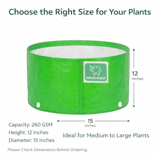 Image of GREENSHEEP HDPE Grow Bag Heavy Duty 260 GSM Round Plants Flower Growing Bags Floor Standing Mount Type for Home Garden Balcony Terrace Kitchen Nursery (Green, 12x15 inch, Pack of 3)
