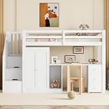 Merax Lit mezzanine 90 x 200 cm avec bureau, armoire, 3 tiroirs et échelle de rangement, cadre de lit avec sommier à lattes (sans matelas), en bois de pin, lit adolescent, pour enfants/adultes, blanc