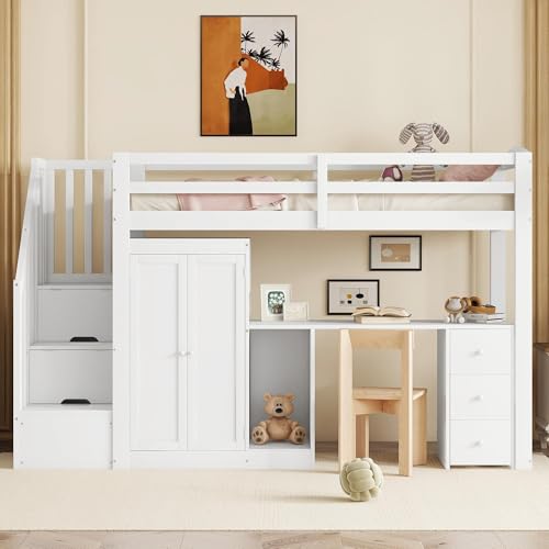 Merax Lit mezzanine 90 x 200 cm avec bureau, armoire, 3 tiroirs et échelle de rangement, cadre de lit avec sommier à lattes (sans matelas), en bois de pin, lit adolescent, pour enfants/adultes, blanc
