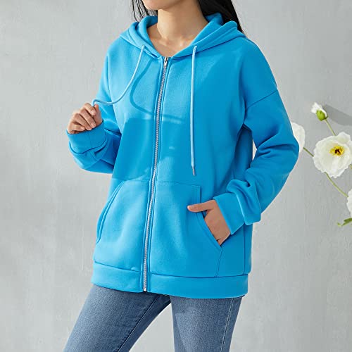Cusghjbsg Sweat à capuche ample à fermeture éclair pour femme - Couleur unie - Manches longues - Doublure en peluche - Cardigan léger - Manteau ample, Bleu A, XL – vue 4