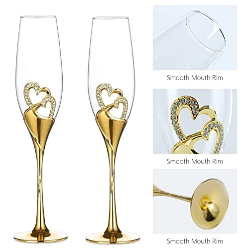 LANLONG Wedding Champagne Goblets Toasting Flute Glasses for Bride and Groom Creative Deluxe Glass Cups with Rhinestone Rimmed Heart Decoration Gift Set - Image 6