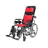 MEVZHH Klappbarer Rollstufür Die Älteren, Mit U-Förmiger Kopfstütze, 180Deg;Vollständiges Liegendes, Erweiterte Armlehne Höhenverstellbarer Rollstuhl, Stabiles Fahren, Tragbar (Gelb)/Rot