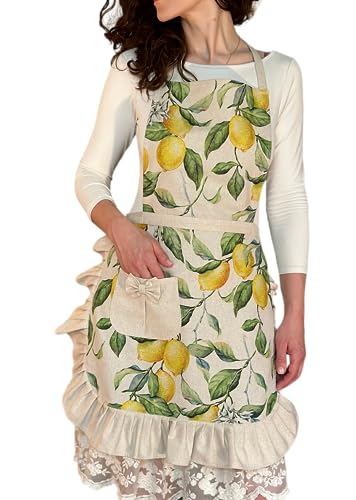 Tablier vintage imprimé citron en coton et lin jaune pour femme