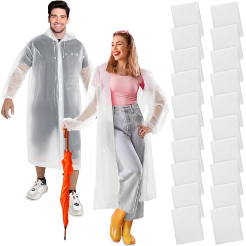 Hicarer 20 Pcs Rain Poncho for Adults Reusable Raincoats Emergency with Drawstring and Hood EVA Rain Jacket for Men Women