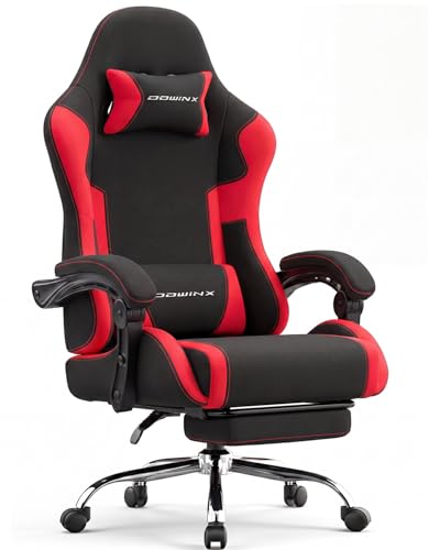 Image of Dowinx Ergonomic Gaming Chair with Footrest & Massage Lumbar, 2D-Linkage Armrests for Computer Chair 330lbs with Headrest Pillow for Office, Home, Streaming and Long Gaming Sessions, Fabric Dark Red