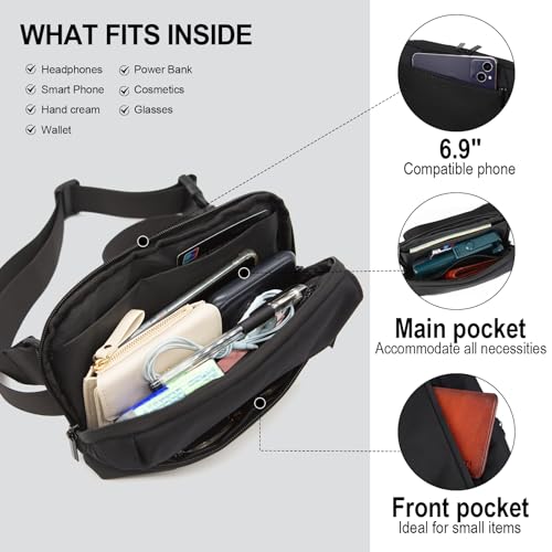 Long Keeper Torba crossbody 1,5 l dla mężczyzn kobiet minimalistyczna mała torba na ramię na klatkę piersiową bieganie podróż codzienne noszenie regulowany pas talia saszetka, Czarny, Minimalne