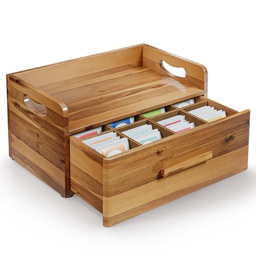 TINAMO Acacia Wooden Tea Box Organizer with Drawer for Tea & Coffee Storage