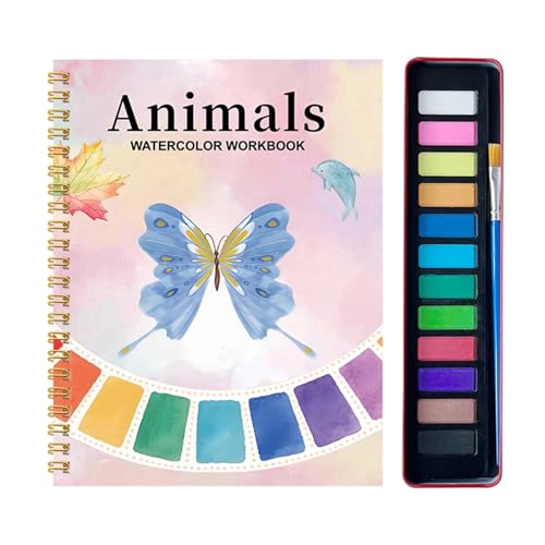 Libro de acuarelas, apto para principiantes con 12 acuarelas y pinceles, libro de trabajo para niños, niñas, mujeres, hogar, escuela, viajes, ejercicios artísticos, cumpleaños, vacaciones