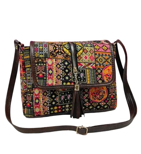 Sac à bandoulière bohème en patchwork multicolore et cuir marron