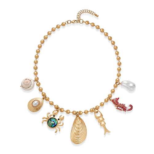 Collier de perles dorées à 7 breloques océaniques et chaîne réglable au style bohème unique