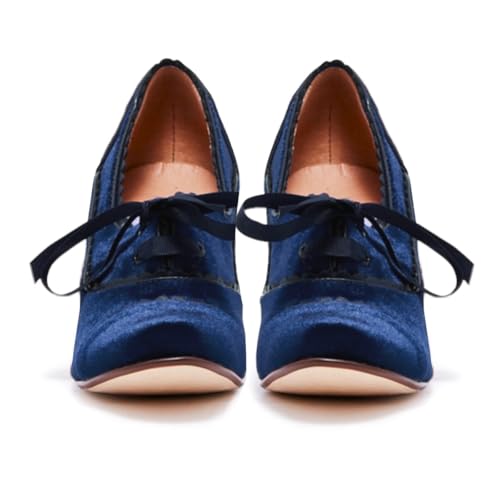 Women Lace Up Loafers Pumps Velvet Chunky Heel Oxford Shoes Round Toe Vintage 2 inch Block Heel Dress Shoes Cap Toe Loafer Heels Suede Retro Evening Wedding Office Ladies 4-11 M US3