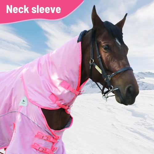 Image of Turnout Blanket for Horses, Waterproof Thickened Horse Sheet with Detachable Neck Cover,1600D Nylon Outer, 400g Heavy Weight Filling (Pink, US 78IN(EU 145cm))