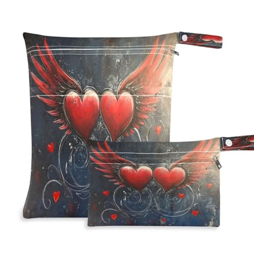 Takiito Valentine Heart Wings 2 Pcs Wet Dry Bags for Cloth Diapers, Waterproof & Reusable Wet Bag for Nursery Beach Pool Gym with Two Zippered Pockets