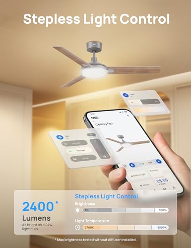 Image of DREO Smart Ceiling Fans with Lights, 52 Inch Grey Ceiling Fan, 12 Speeds & 3 Fan Modes, Stepless Color Tones, Dimmable LED Light, 1-12H Timer, Quiet DC Motor, Remote /APP /Alexa /Wall Switch Control