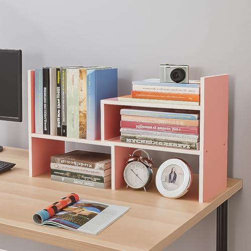 Image of Desktop Shelf Organizer, Adjustable Wood Office Storage Rack, Counter Display Small Bookshelf for Home /Office /School(Pink)