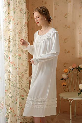 Hearttouch Women's Vintage Victorian Nightgown Cotton Long Sleeve Nightdress Sleepwear Pajamas Nightwear Lounge Dress (White-2,X-Large) #TOP2