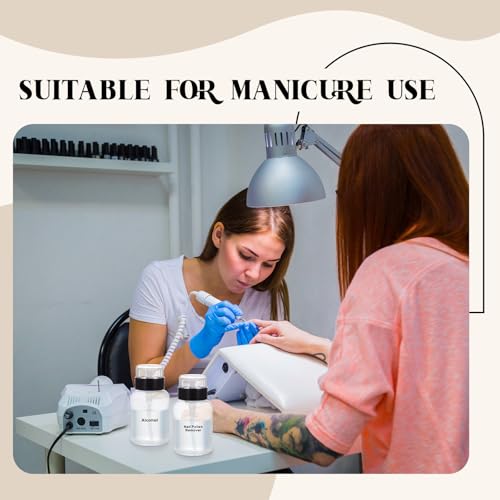 Layhit 3 Pack 6.8 oz (200ml) Push Down Lockable Pump Dispenser Bottle with Stickers, Alcohol Push Down Empty Refillable Container for Nail Polish Remover, Alcohol & Makeup Remover (Black Top Cap)4