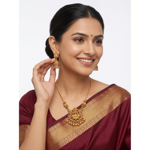 Image of Traditional Gold-Plated Lakshmi Temple Pendant Necklace Set for Women | Antique South Indian Jewelry with Jhumka Earrings | Ethnic Bridal, Wedding & Festive Jewelry Set